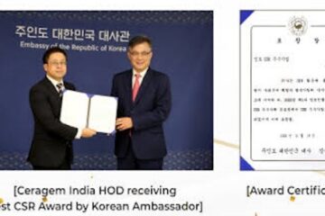 Ceragem India HOD receiving Best CSR Award by Korean Ambassador