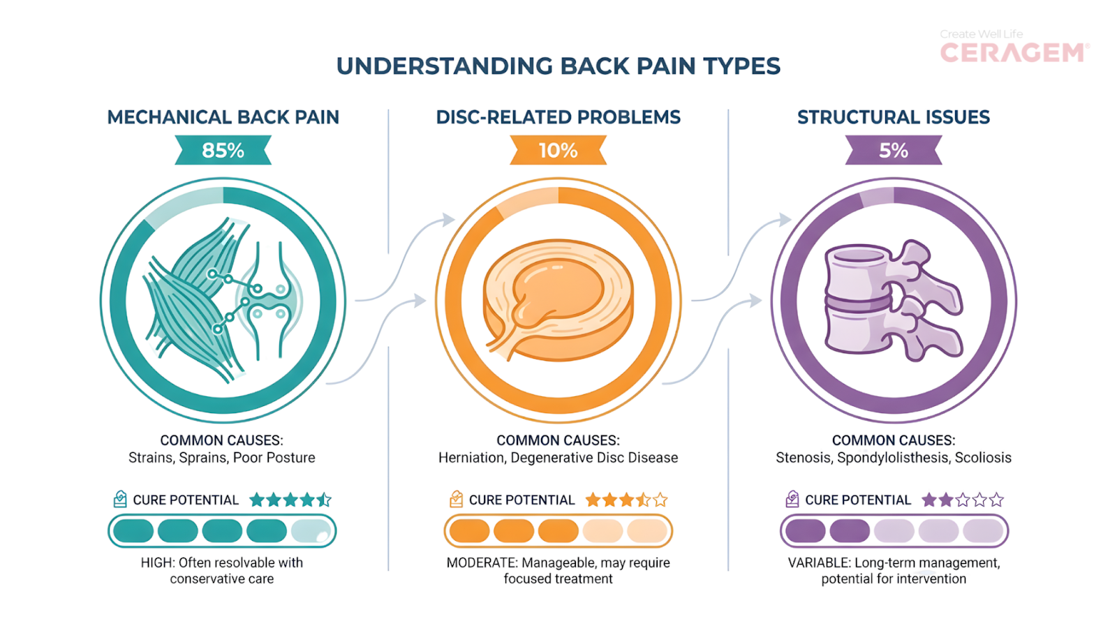 Infographic showing three main types of back pain with their prevalence percentages and cure potential